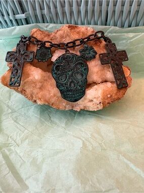Patina Skull & Cross Charm Necklace - Decorative Teal Accent